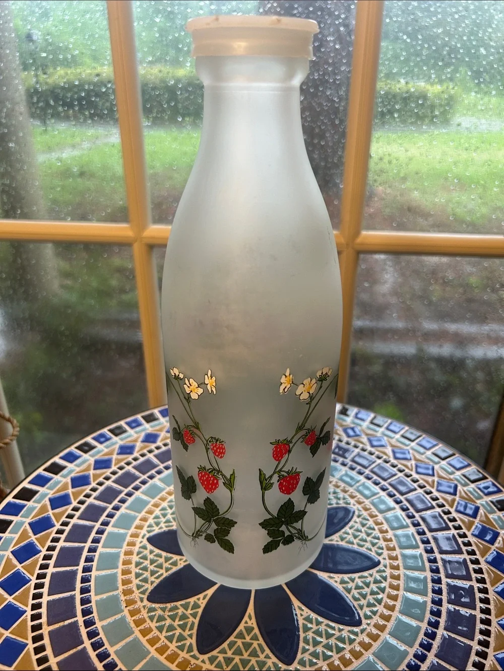Tall Frosted Milk Bottle with Strawberries, Vines and Blossoms